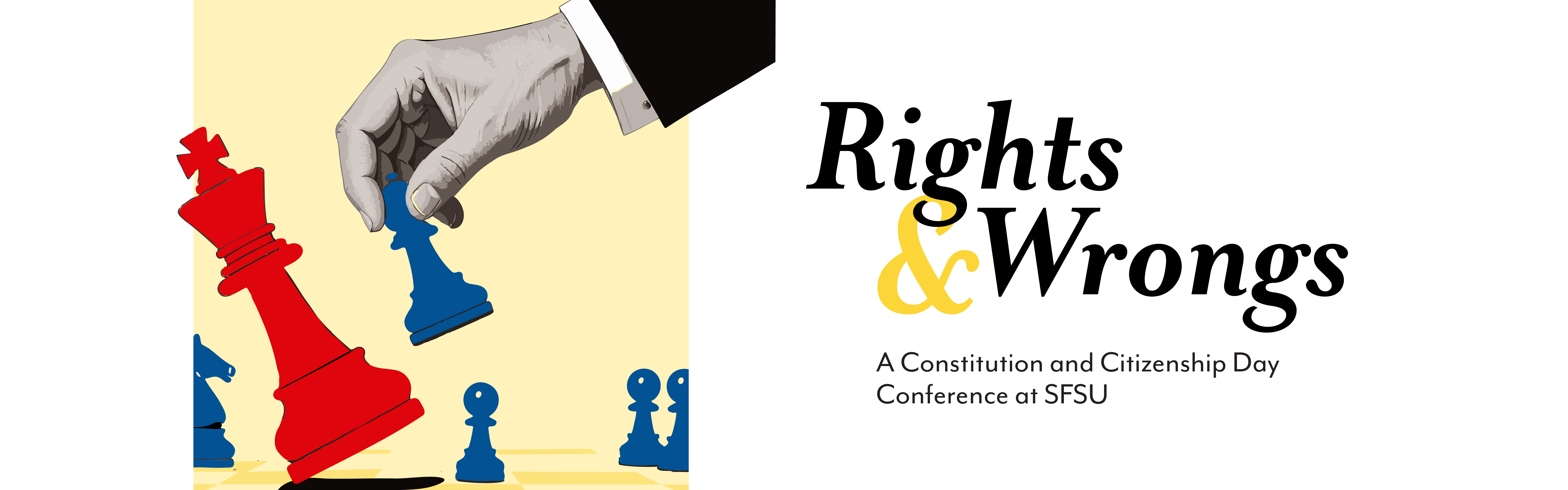 Rights&Wrongs, a blue chess piece knocking down a large red chess piece